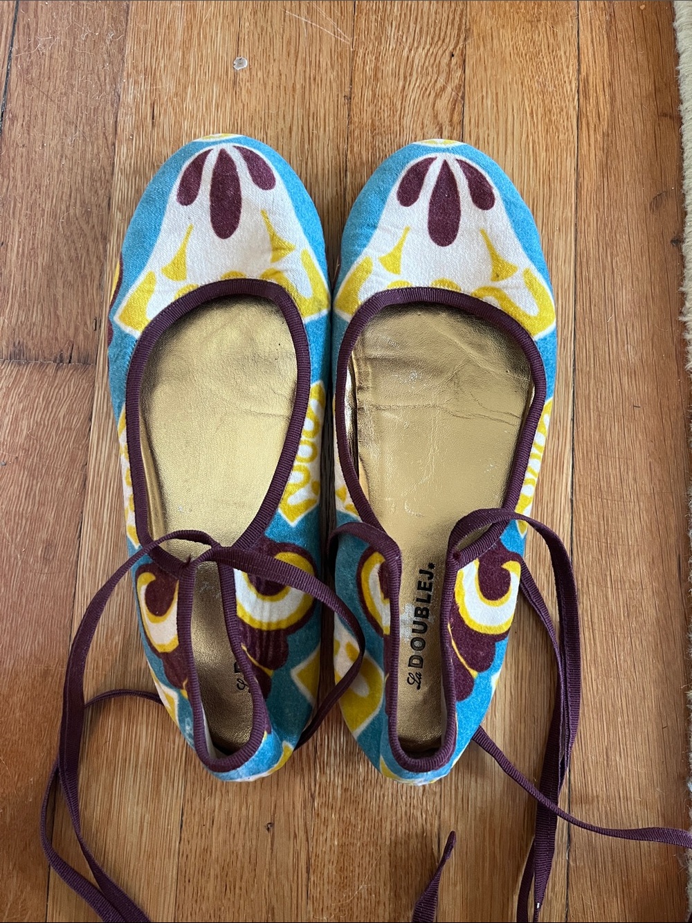 LA DoubleJ Blue, Yellow & Brown Lace-Up Ballet Flats